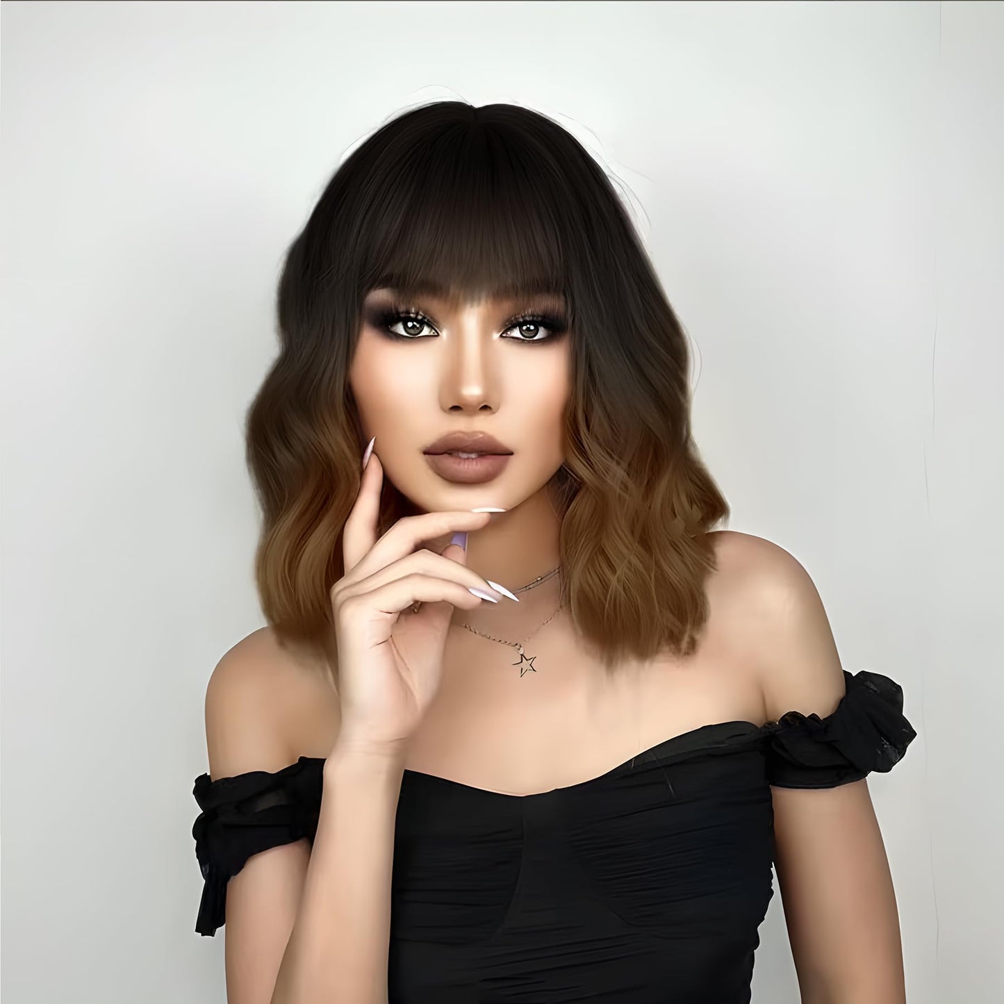 MOSINA bob wig with Bangs for Women,Black mixed with brown Wig,14" synthetic bob wigs,Heat Resistant Fiber Wig for Suitable for work, parties and other occasions Use………