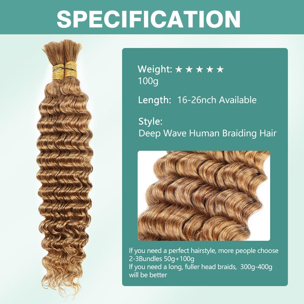 22 Inch 100g Deep Wave Bulk Human Braiding Hair 2 Bundles/Pack Color 27# Honey Blonde Human Braiding Hair for Boho Braids No Weft Brazilian Human Braiding Hair Extensions for Micro Braiding