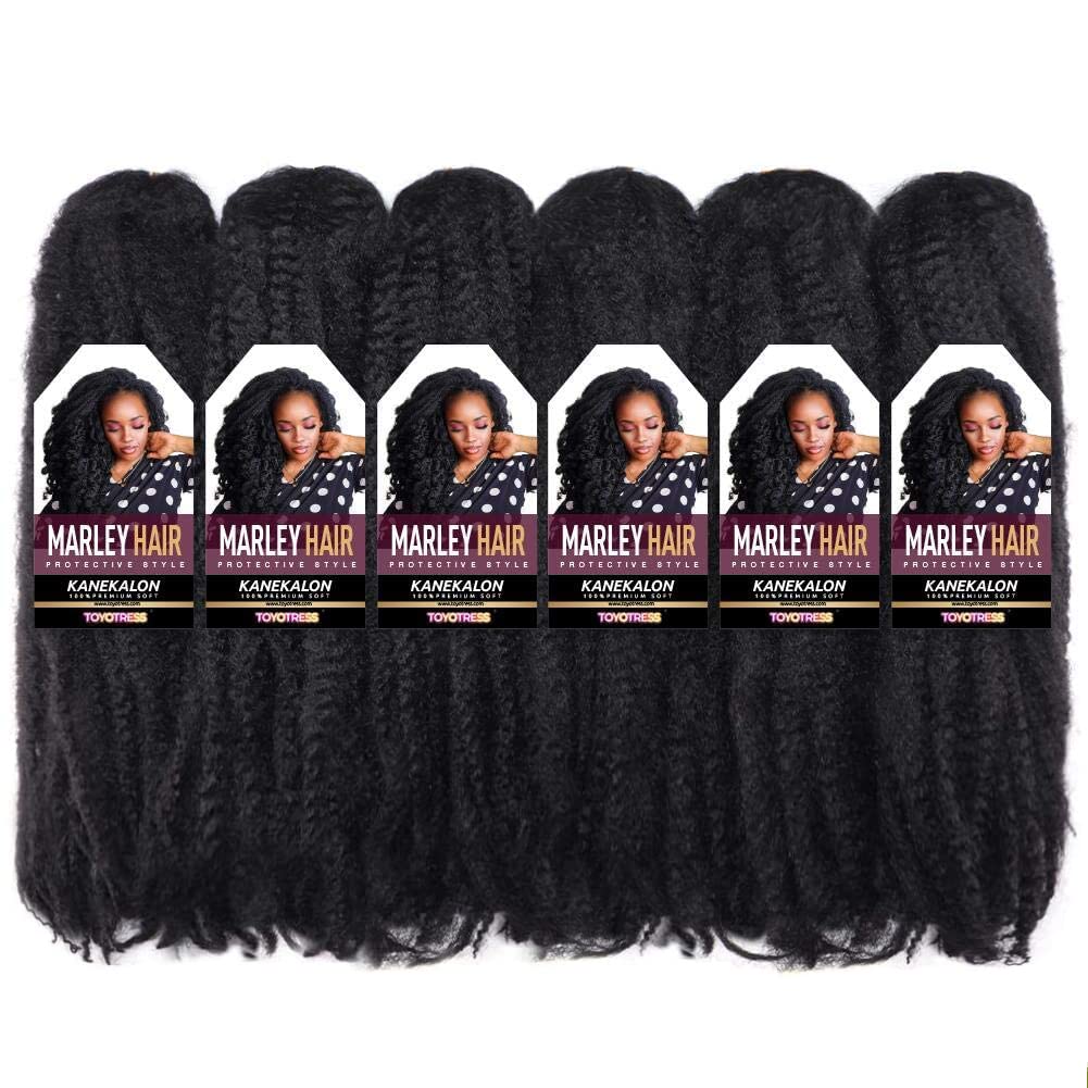 ToyoTress Marley Hair Crochet Braids - 26 Inch 6 Packs Natural Black Super Long, Afro Kinky Curly Marley Twist Braids Synthetic Twist Crochet Braiding Hair Extensions (26 Inch, 1B-6P)