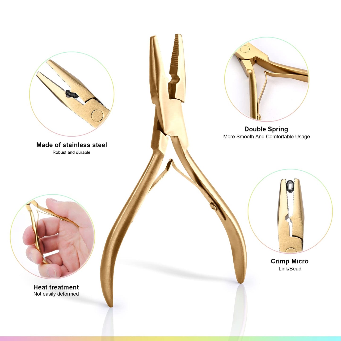 EHDIS Hair Extension Beading Tool Kit Stainless Steel Hair Extensions Micro link Bead Closer and Remover Pliers set, Beads Hair Pulling Hook & Micro Ring Loop Tool Set (Gold)