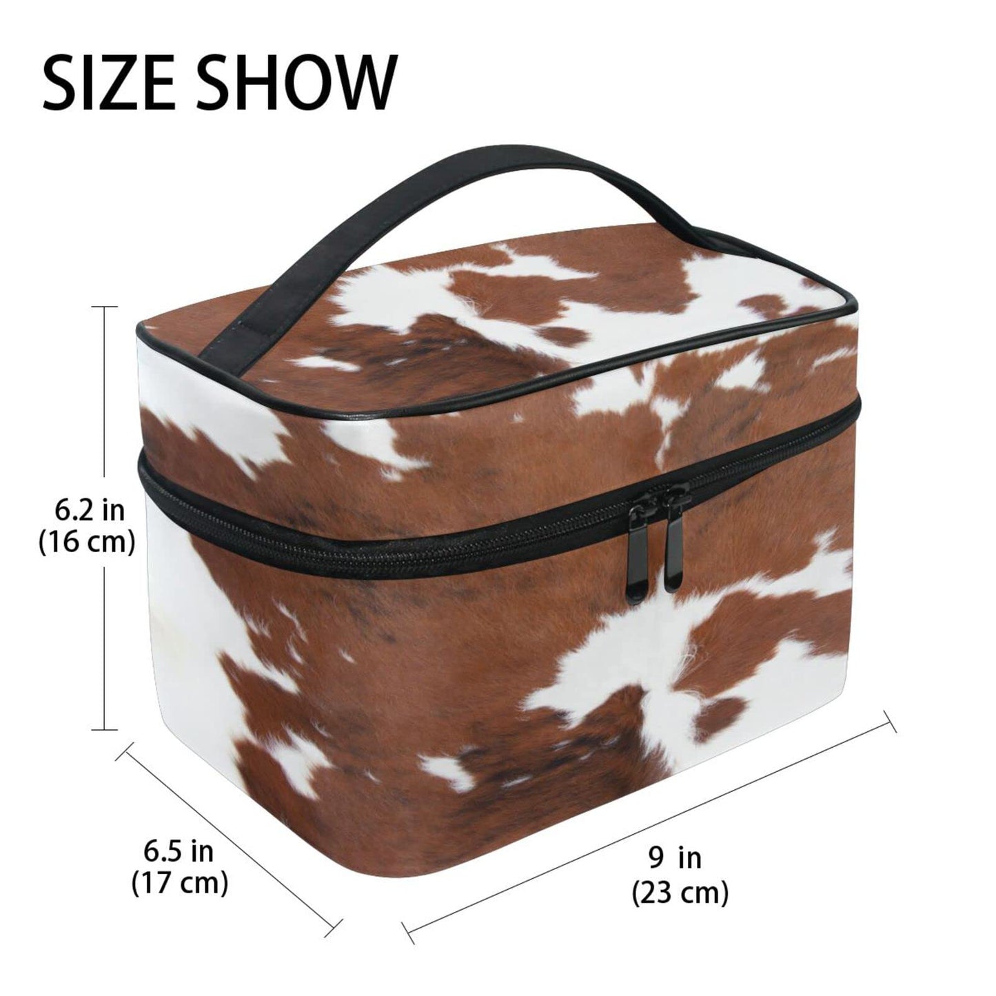 ZOEO Makeup Train Case Cow Brown Fur Printi Animal Korean Carrying Portable Zip Travel Cosmetic Brush Bag Organizer Large for Girls Women