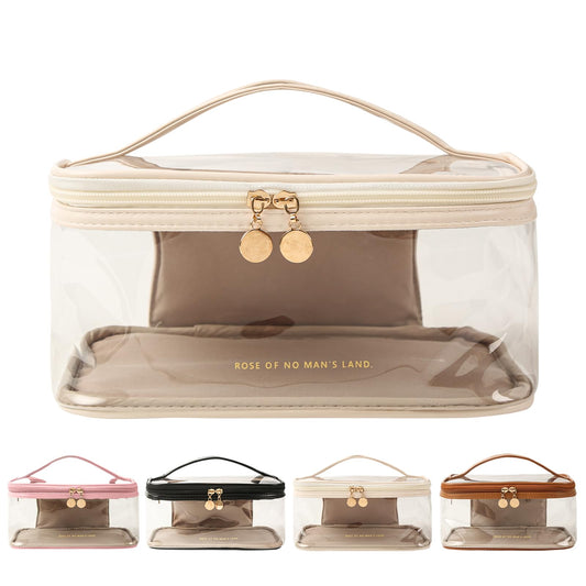 Clear Makeup Bags, Double Layer Clear Cosmetic Bag, Waterproof Toiletry Bag, Clear Zipper Bag with Divider Makeup Brush Compartment, Travel Makeup Bag for Women and Girl