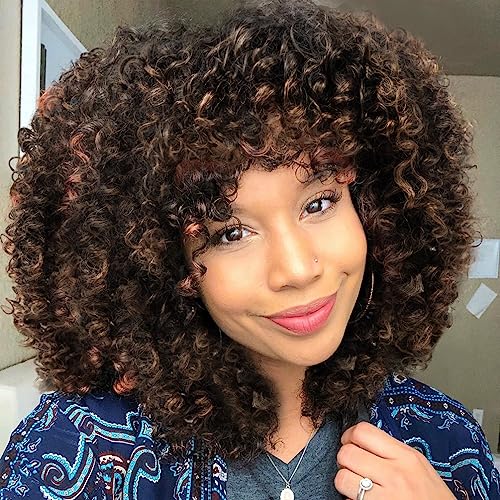 maxknow Curly Wigs for Black Women Fluffy Curly Afro Wig for Women Soft Synthetic Curly Ombre Brown Wig with Bangs Full Wigs for Women Daily Use (T1430 Ombre Brown)