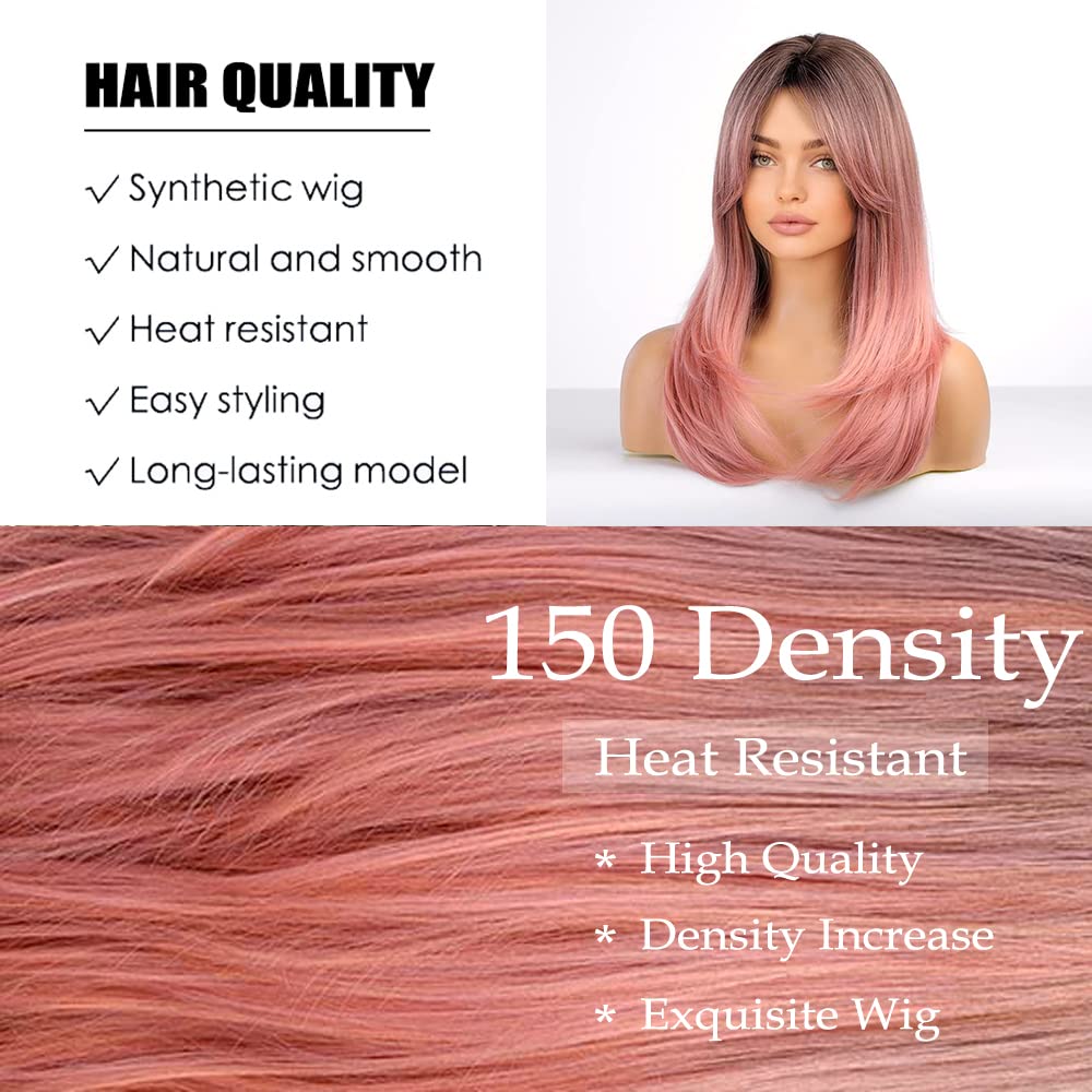 Haoland Pink Wig For Women Colored Wig with Bangs Synthetic Wavy Wig Heat Resistant Layered Wig For Halloween/Party/Cosplay