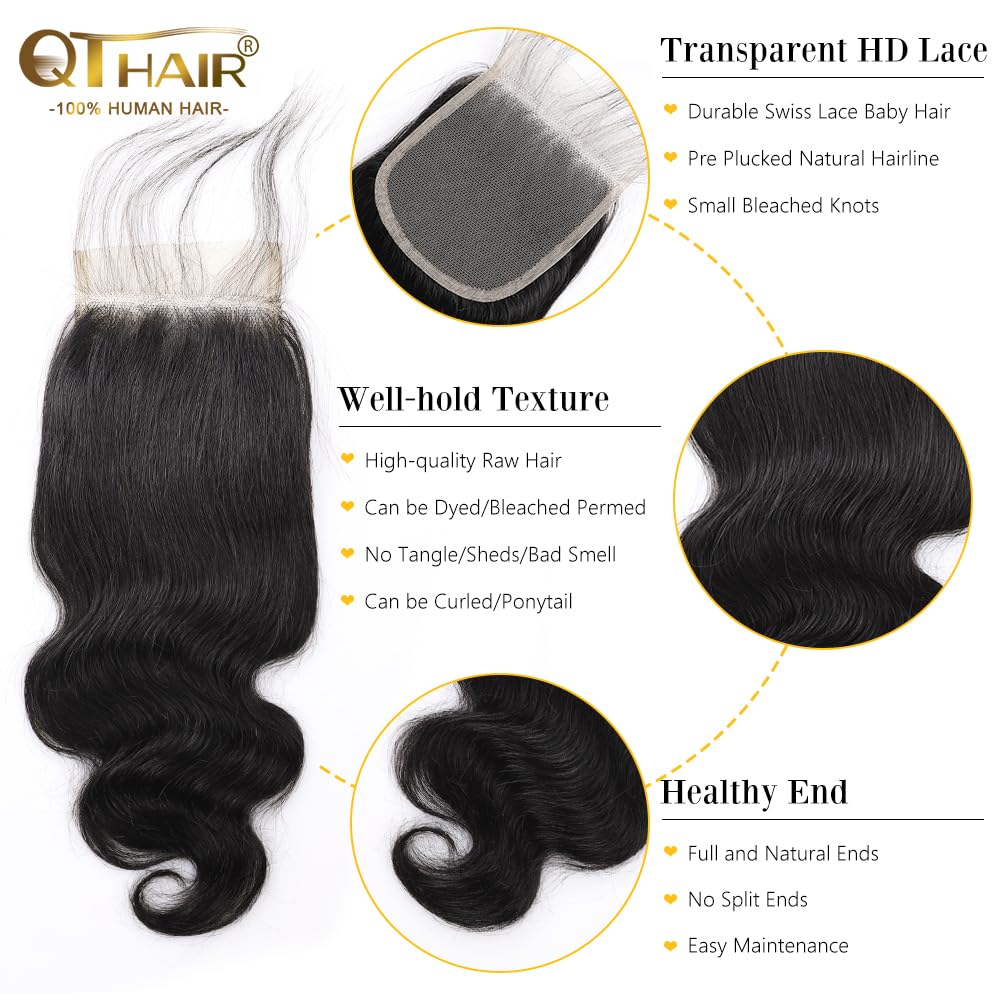 QTHAIR 14A Brazilian Body Wave Lace Closure (14inch) 4x4 Free Part Swiss Lace Closure Natural Brazilian Virgin Human Hair Top Swiss Lace Closure