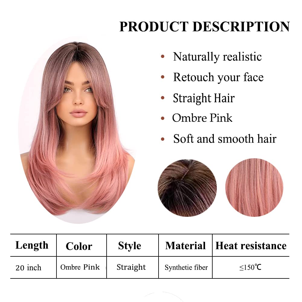 Haoland Pink Wig For Women Colored Wig with Bangs Synthetic Wavy Wig Heat Resistant Layered Wig For Halloween/Party/Cosplay