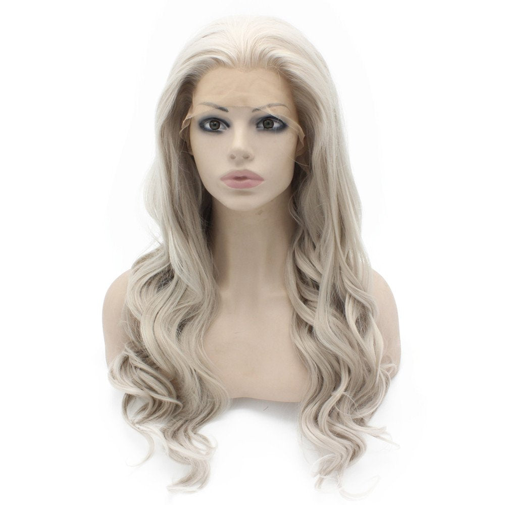 Mxangel Long Wavy Celebrity Lace Front Wig Half Hand Tied Heat Resistant Fiber Gray Lace Front Synthetic Hair Wig