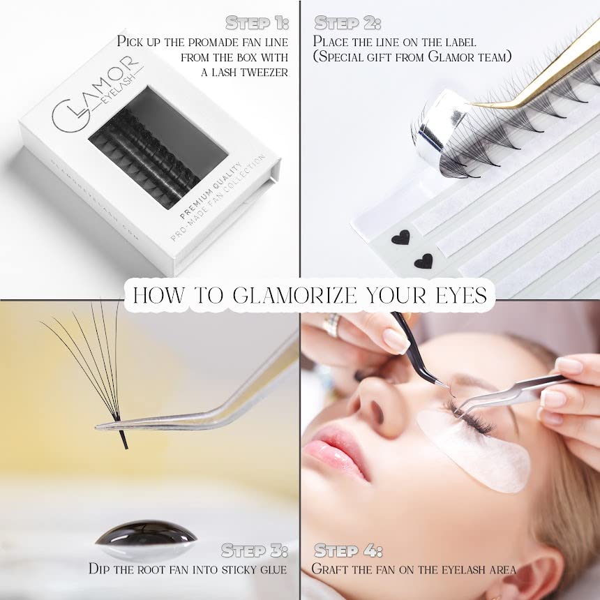 GLAMOREYELASH 1000 Ultra Speed Narrow Promade Fans | Natural Eyelash Extension 3D~16D | Handmade Individual Lashes Extension with 0.03/0.05/0.07mm Thickness of Mink Lashes | C CC D Curl for Cat Eye Lashes | 8 - 17mm Length for Fluffy Eyelash Cluster(12D-0