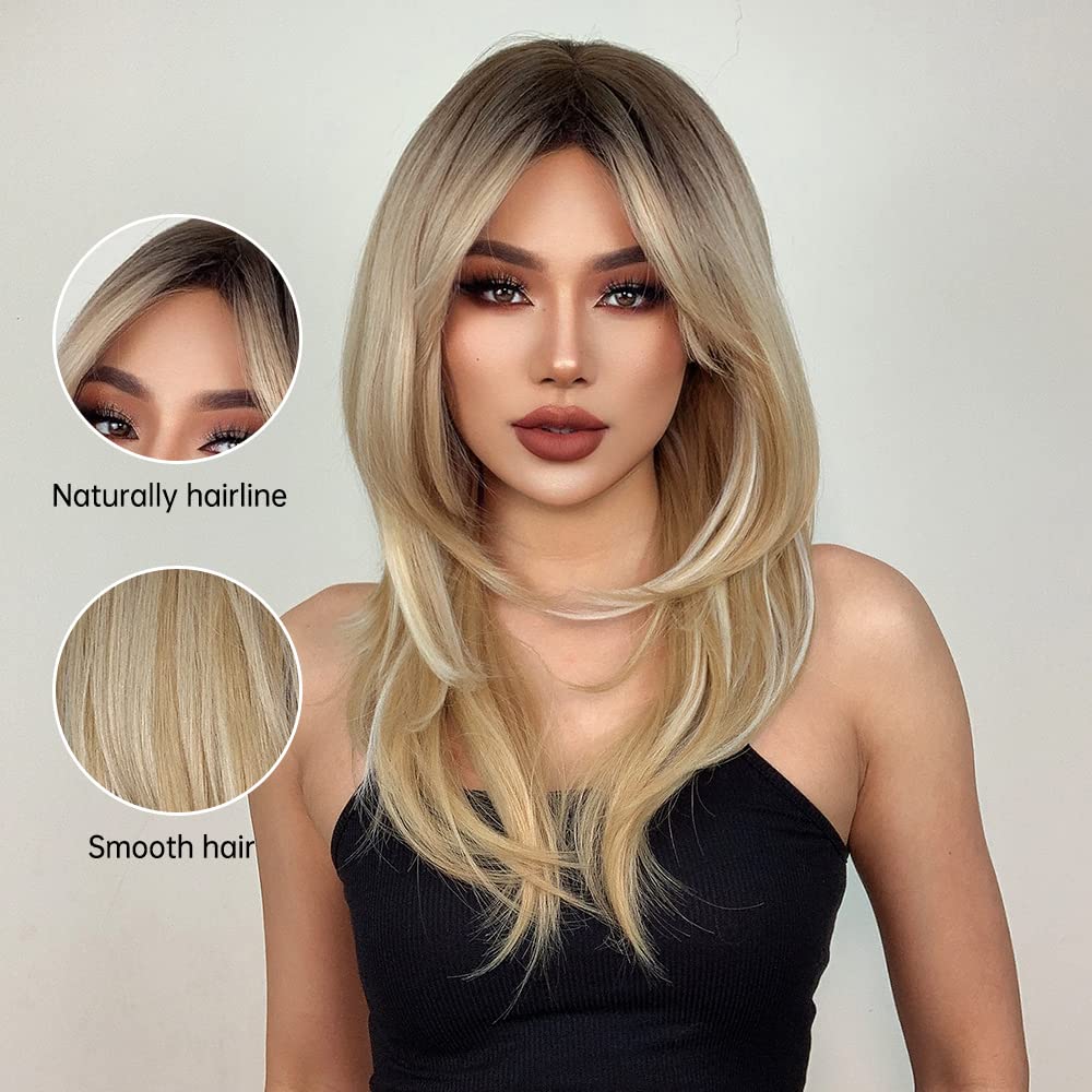 Tumhorn Women Long Ombre Blonde Wigs with Bangs 24 Inch Charming Curly Wavy Wigs Natural Looking Synthetic Layered Wig for Daily Party Use