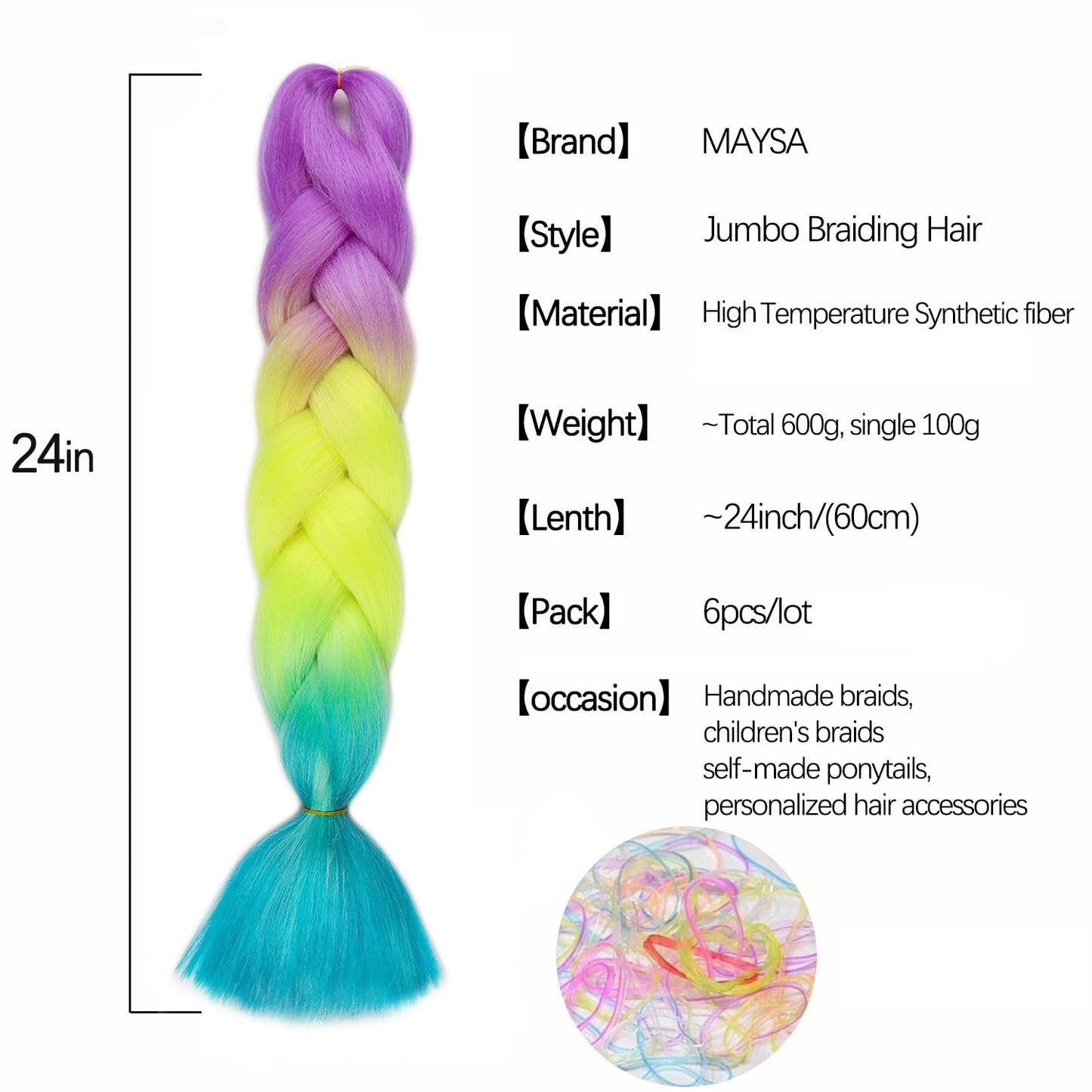 MAYSA Purple and Green Braiding Hair Extensions, 6Pack 24inch Soft Synthetic Ombre Braiding Hair,Pre stretched Braiding Hair Extensions For Box Braids #Purple-Yellow-Teal