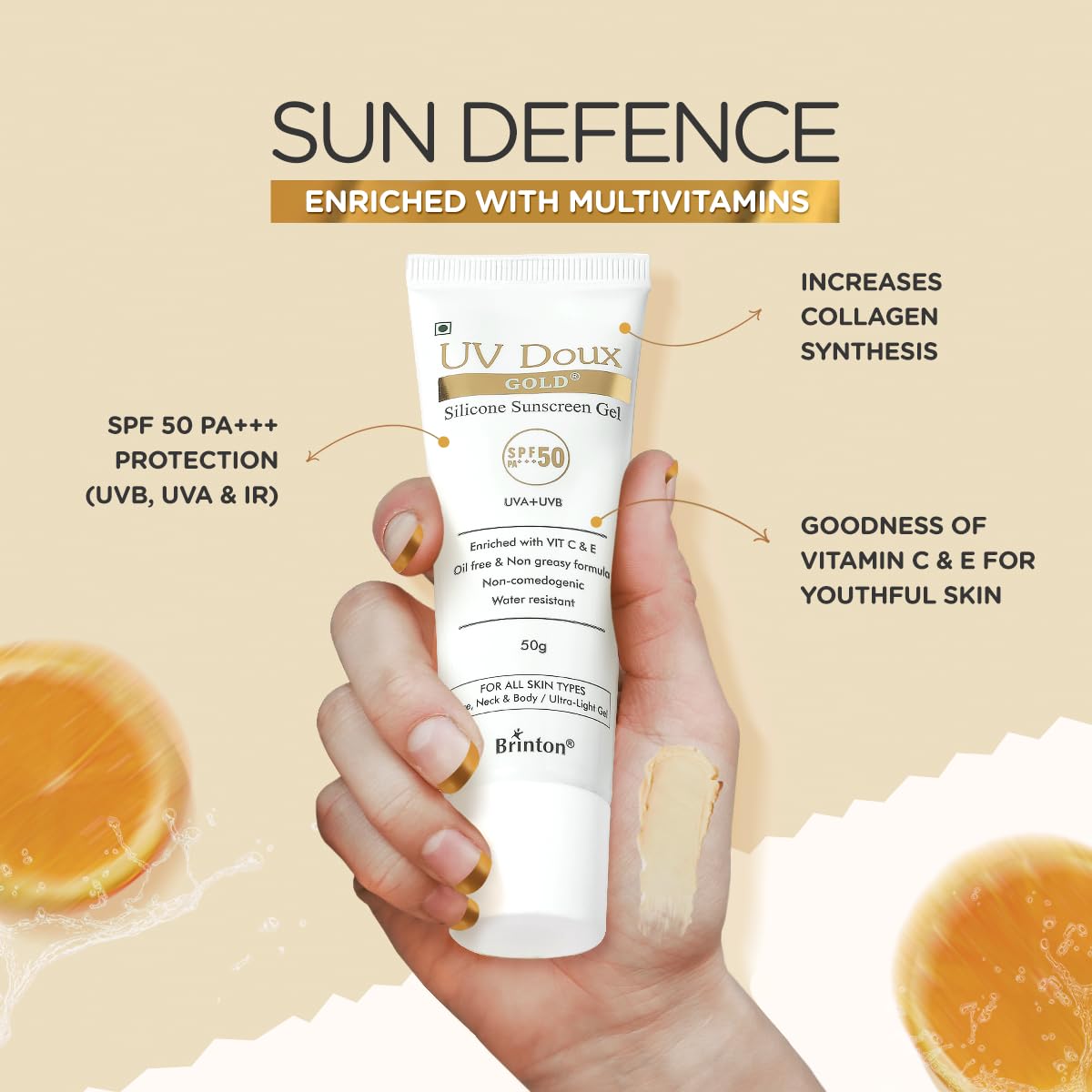 Brinton UV Doux Gold Lightweight Sunscreen Gel with Broad Spectrum Protection for Face & Body | Non-Comedogenic, Paraben-Free, Water-Resistant | Suitable for All Skin Types, 50g