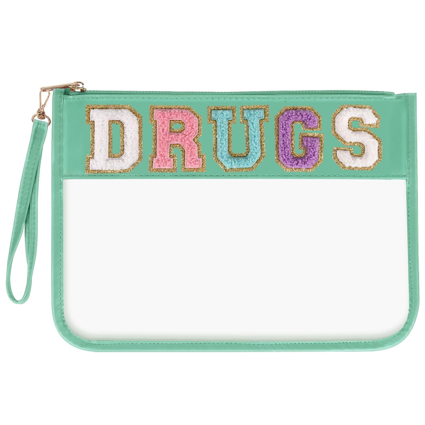 Chenille Letter Clear Bag DRUGS Purse Pouch, Monogram PVC & PU Meds Travel Bag Zipper Pouch with Wristlet, Waterproof Portable Glitter Preppy Cosmetic Pouch Toiletry Bag for Women Girls(DRUGS-Green)