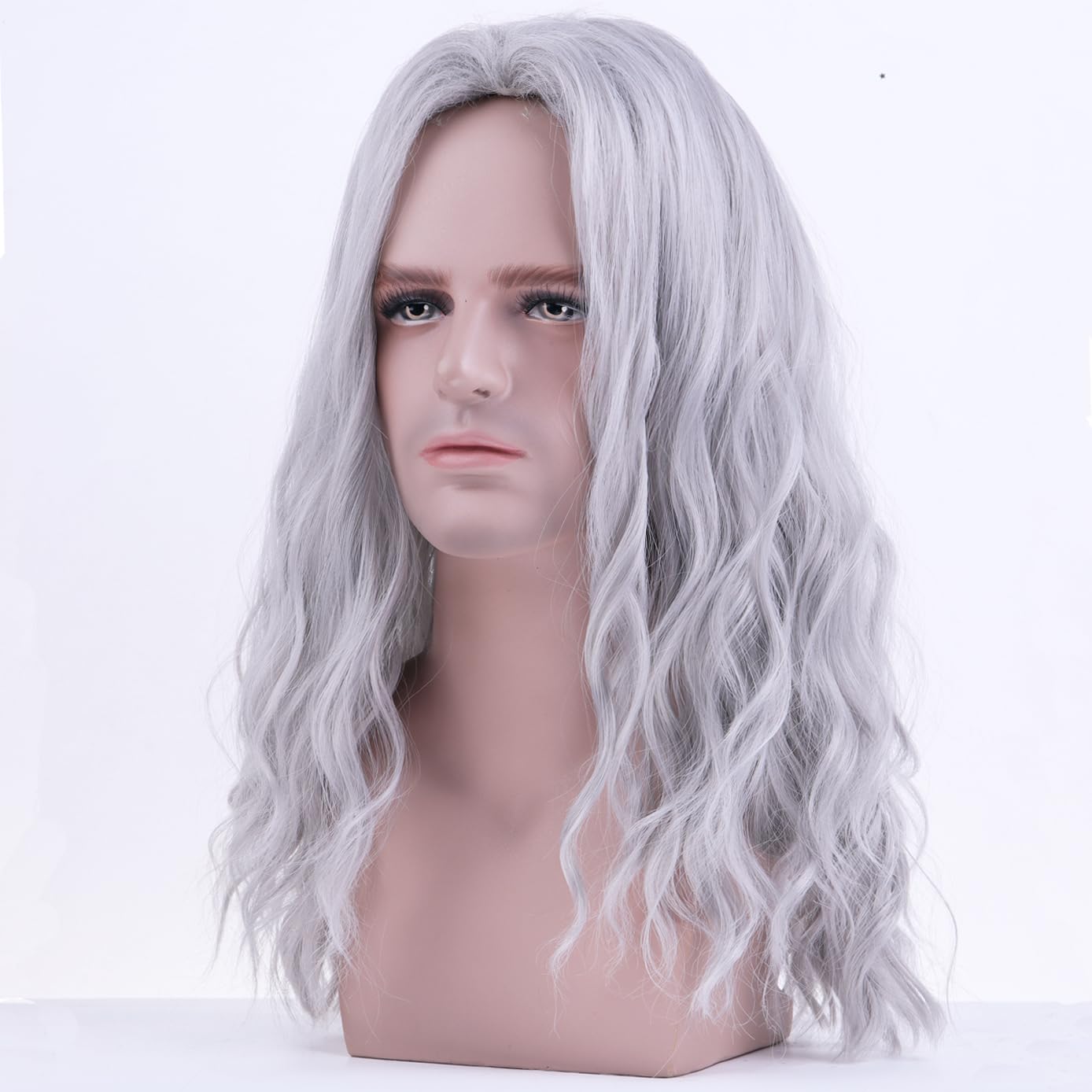 BERON Mens Silver Grey Long Wigs With Halloween Cosplay Costume Party Wig Curly Middle Part Hair Wigs