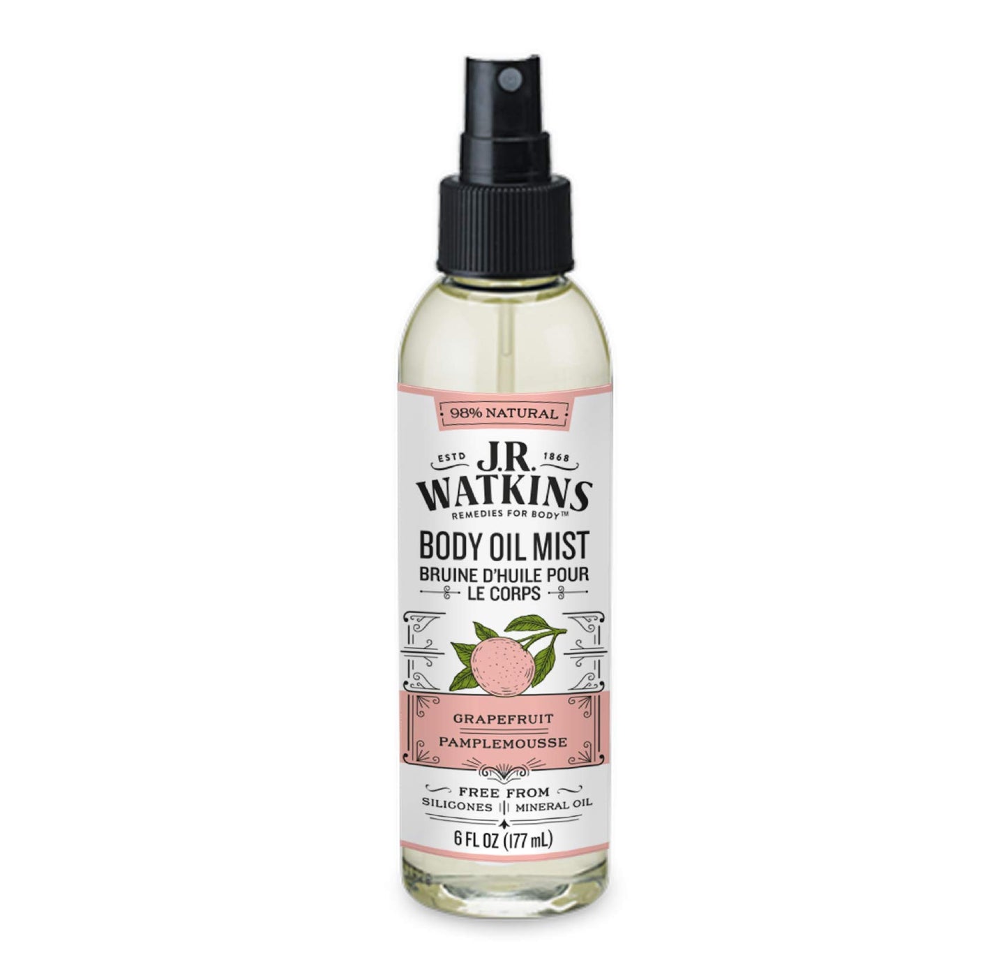 J.R. Watkins Natural Hydrating Body Oil Mist, Moisturizing Body Oil Spray for Glowing Skin, USA Made and Cruelty Free, Grapefruit, 6 fl oz, Single