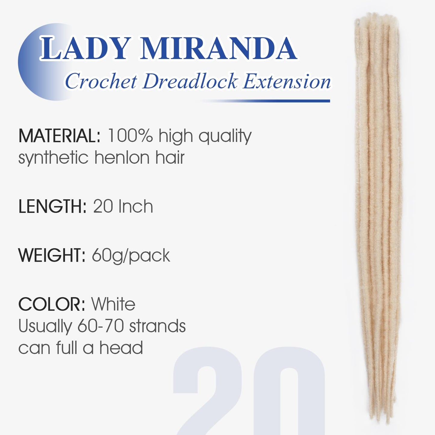 LADY MIRANDA 20 Inch White Tapering Dreadlock Extensions SE Synthetic Dreadlock Extensions Pre-Looped Crochet Dreadlocks Soft Handmade Hippie Style Dreads Extensions(10 Strands)