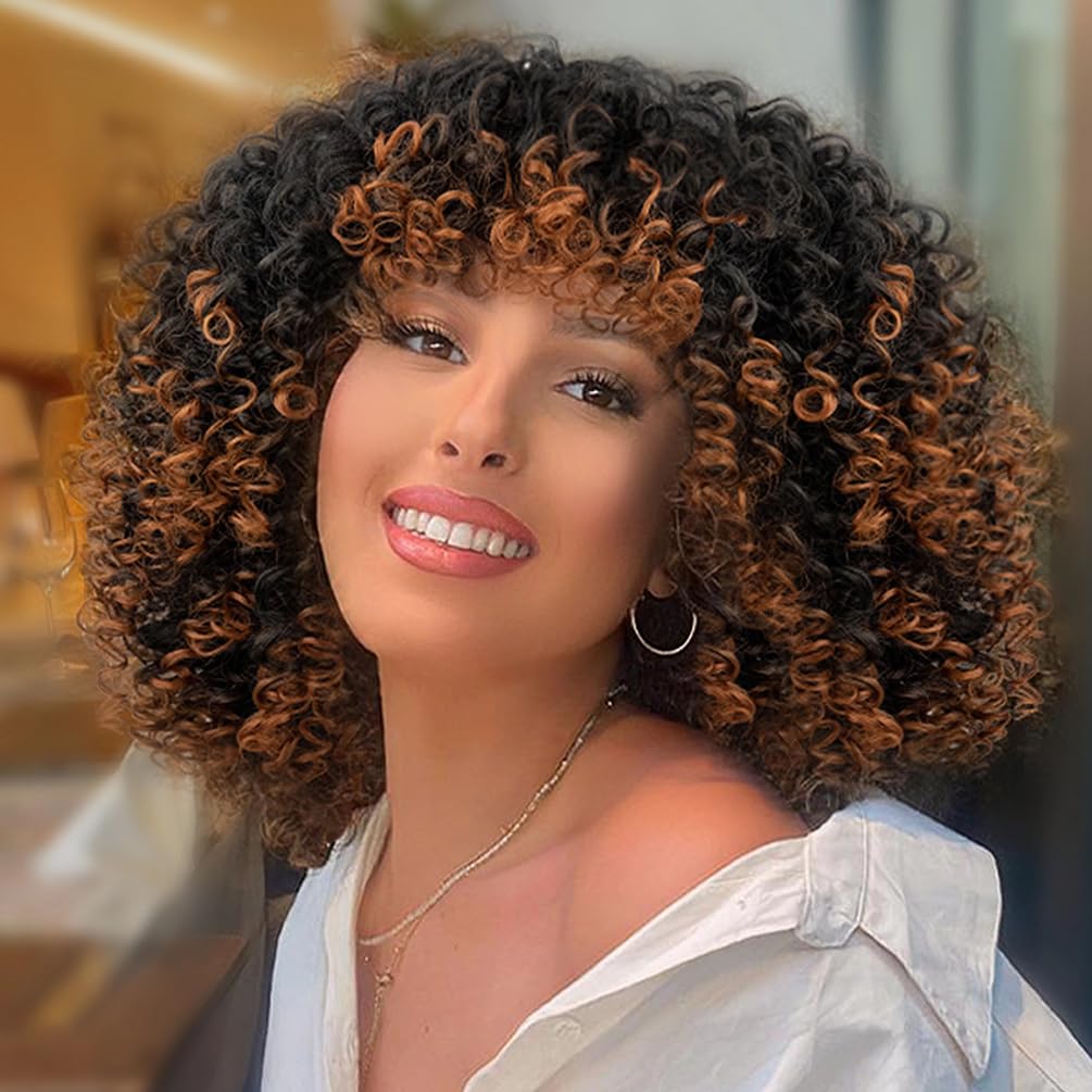 maxknow Curly Wigs for Black Women Fluffy Curly Afro Wig for Women Soft Synthetic Curly Black to Auburn Brown Wig with Bangs Full Wigs for Women Daily Use (1B30 Black to Auburn Brown)