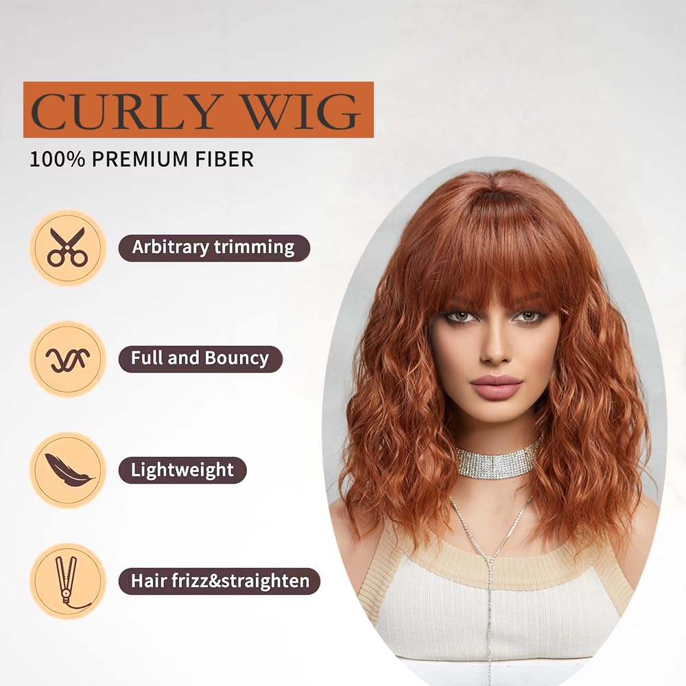 Orange Wig with Bangs,14 Inch Ginger Shoulder Length Curly Wavy Wigs for Women, Heat-resistant Synthetic Hair Wigs for Cosplay Party Daily Use