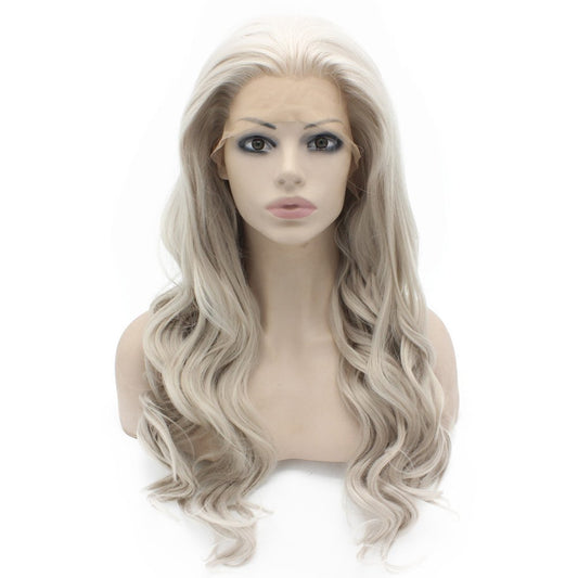 Mxangel Long Wavy Celebrity Lace Front Wig Half Hand Tied Heat Resistant Fiber Gray Lace Front Synthetic Hair Wig