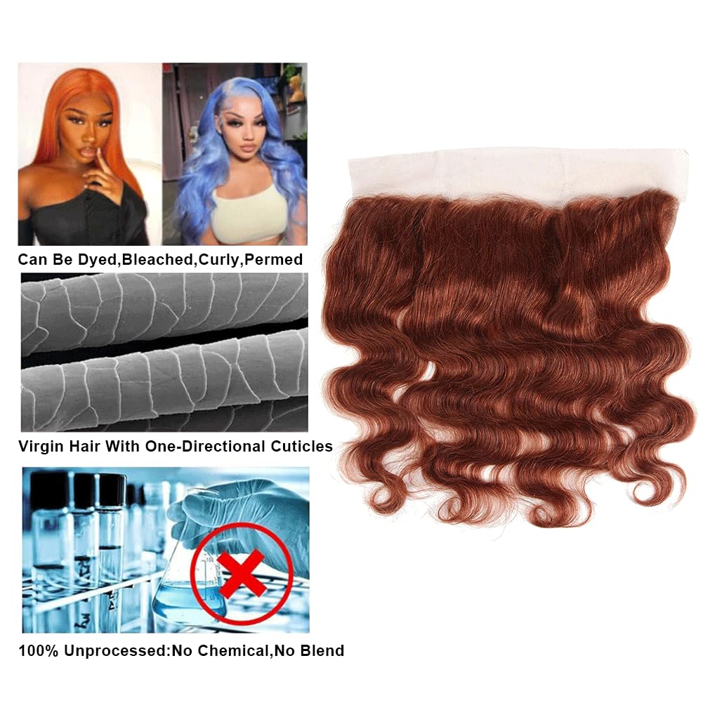 Reddish Brown 33B Human Hair 13X4 Lace Frontal Ear To Ear 13X4 Lace Closure Body Wave 150 Density Unprocessed Virgin Human Hair 13X4 Lace Frontal Free Part Bleached Knots Pre-Plucked Hairline 16 Inch