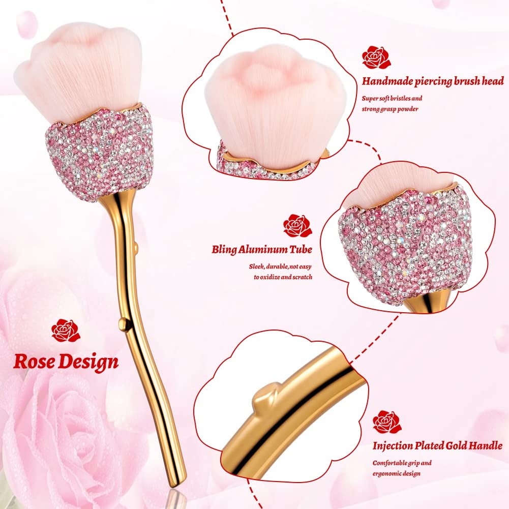 XhuangTech Bling Make Up Brush Crystal Makeup Travel Brushes Blusher Rhinestone Cover Foundation Highlight Blush Cosmetic Tools (Pink Rose)