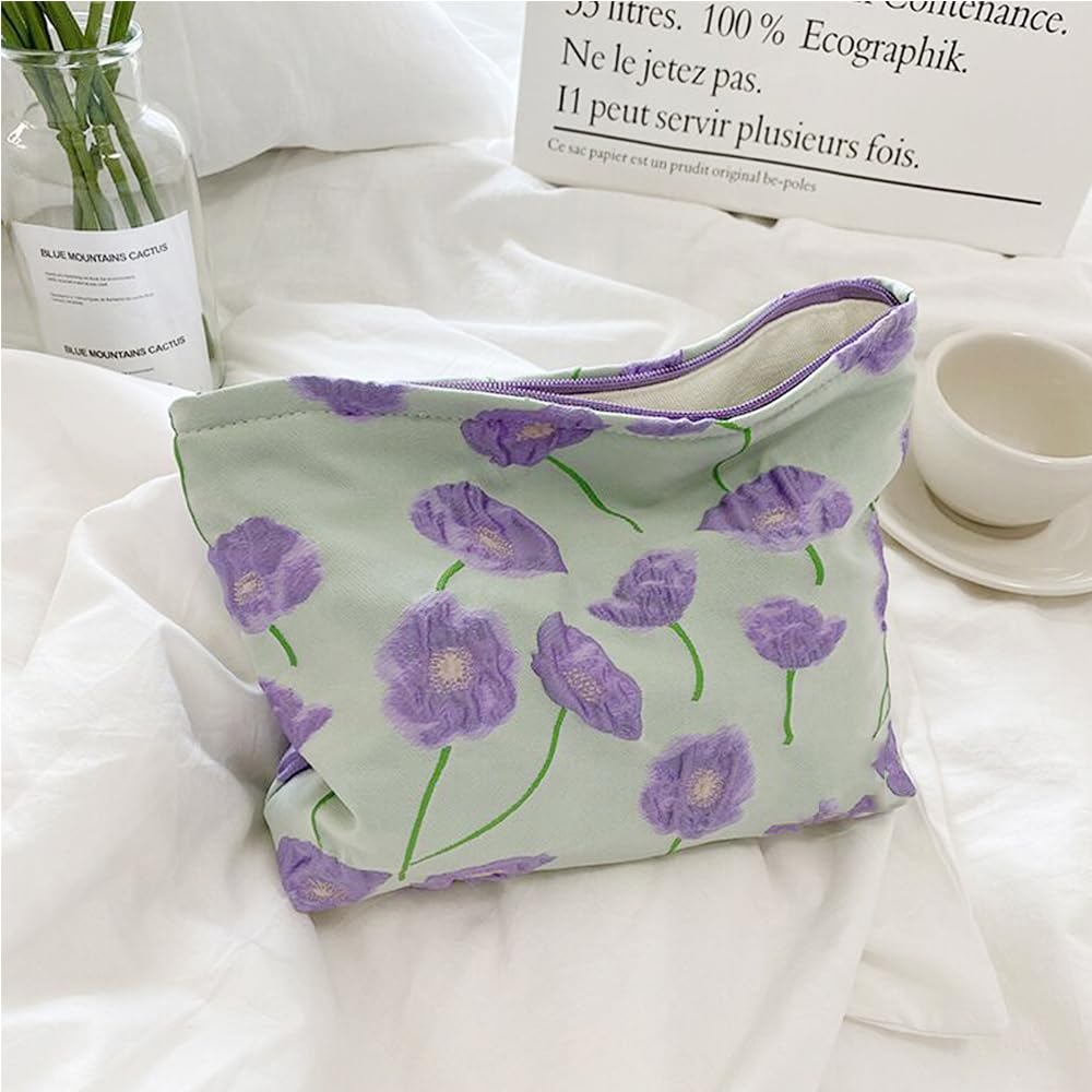 Cosmetic Bags for Women Makeup Bag Large Capacity Purse Travel Toiletry Zipper Storage Pouch Make up Brushes Organizer for Gifts (Purple, Sea flower)