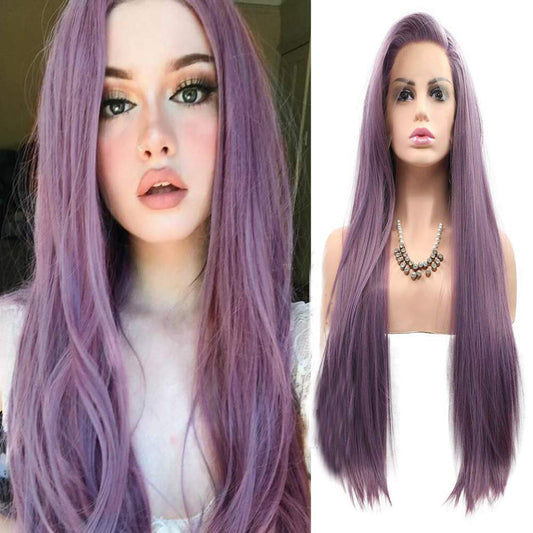 Purple Wigs Long Straight Synthetic Lace Front Wigs for Women Handmade Realistic Looking Wig Ash Lavender Side Part Glueless Wig Heat Friendly Hair Replacement Wigs Cosplay Costume Daily Wigs 24 Inch