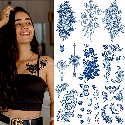 Aresvns Temporary Tattoo for Men & Women,Semi-Permanent Tattoos Waterproof and Long-Lasting 2 Weeks,Dark Blue Realistic Fake Tattoos Christmas Gift