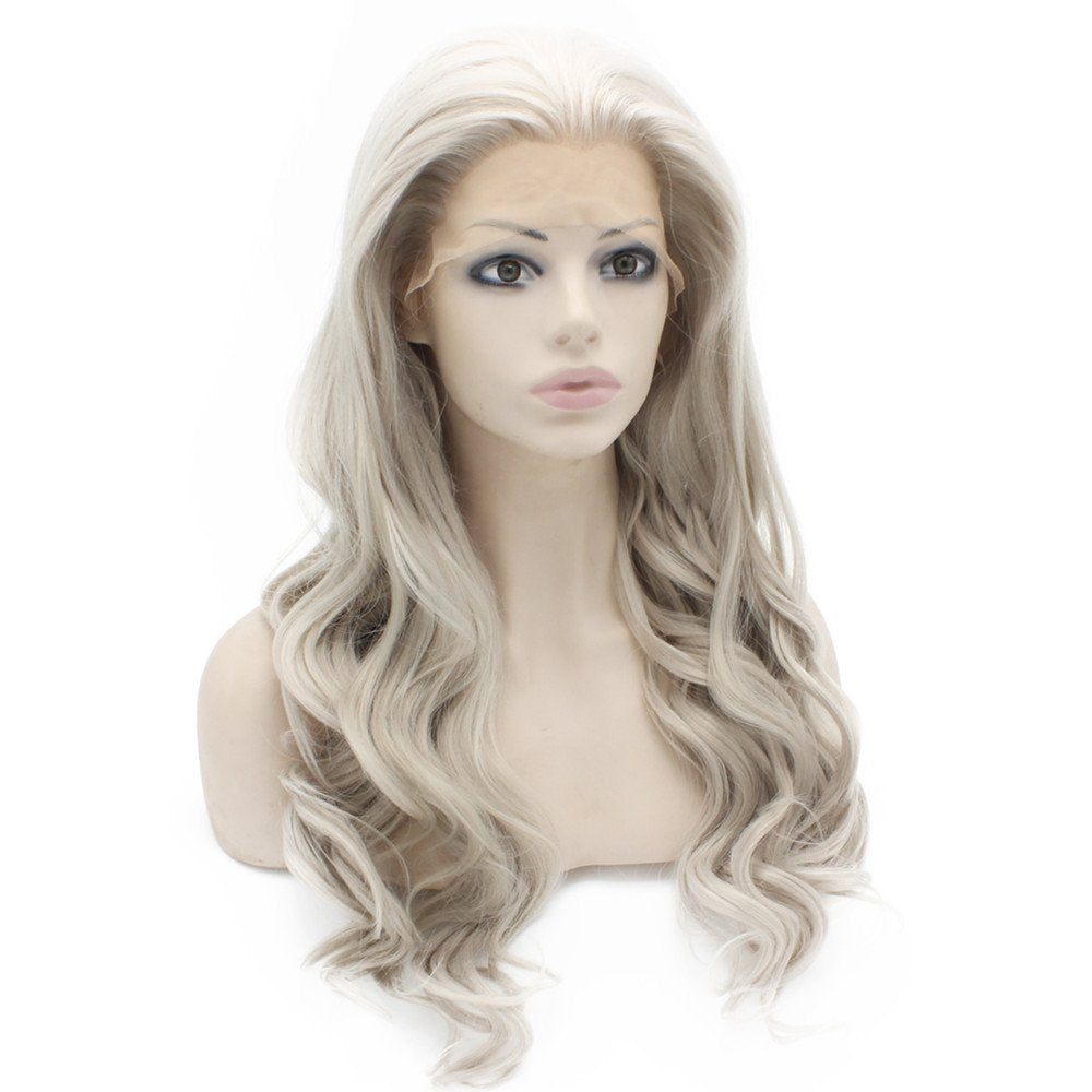 Mxangel Long Wavy Celebrity Lace Front Wig Half Hand Tied Heat Resistant Fiber Gray Lace Front Synthetic Hair Wig