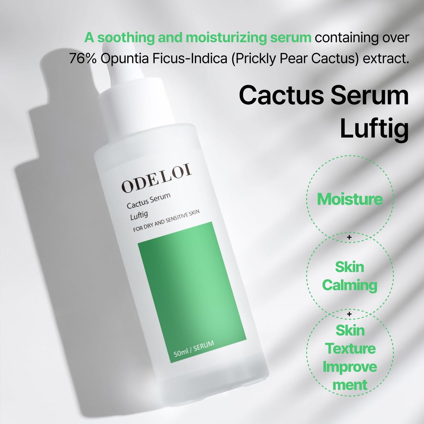 ODELOI Cactus Serum Luftig, Hydration and Moisture Retention for Dry and Sensitive Skin Types, Opuntia Ficus-Indica Extract, Hydrolyzed Hyaluronic Acid, Korean Skincare 1.69 fl.oz.