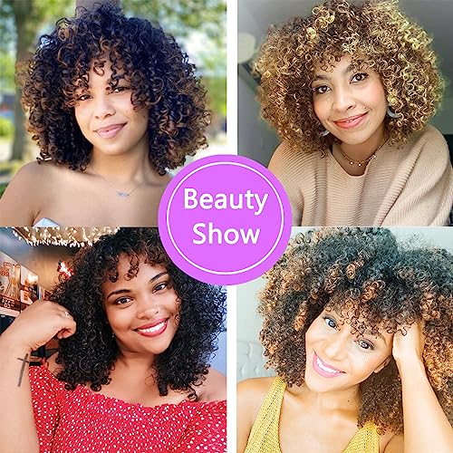 maxknow Curly Wigs for Black Women Fluffy Curly Afro Wig for Women Soft Synthetic Curly Ombre Brown Wig with Bangs Full Wigs for Women Daily Use (T1430 Ombre Brown)