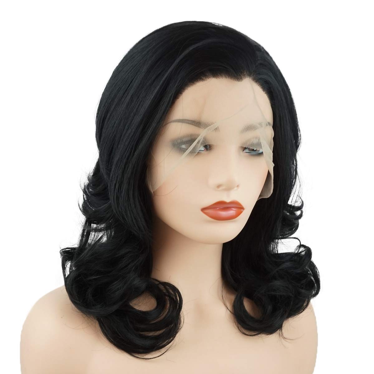 Meiyite Hair Wavy Shoulder Length 16inch Black Half Hand Tied Heavy Density Realistic Synthetic Lace Front Wig