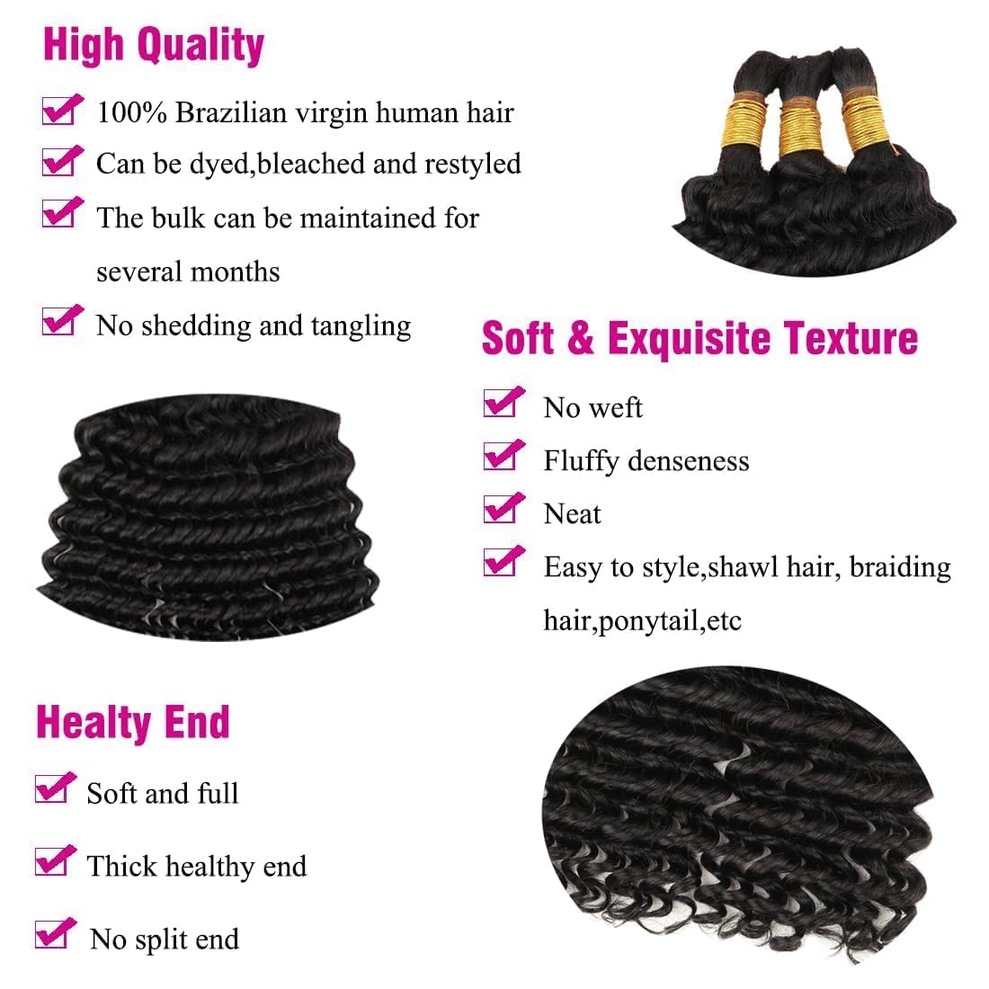 Human Braiding Hair for Boho Braids 12A 24" Deep Water Wave Bulk Human Hair Extensions for Braiding No Weft Brazilian Virgin Curly Loose Deep Wave Bulk Wet and Wavy 1 Bundle 100g Natural Black