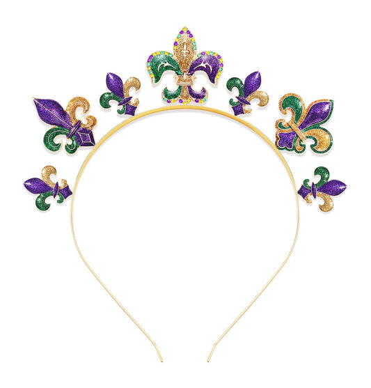 HEIDKRUEGER Mardi Gras Headbands Glitter Carnival Fleur De Lis Hairband for Holiday Party Hair Hoop Accessories