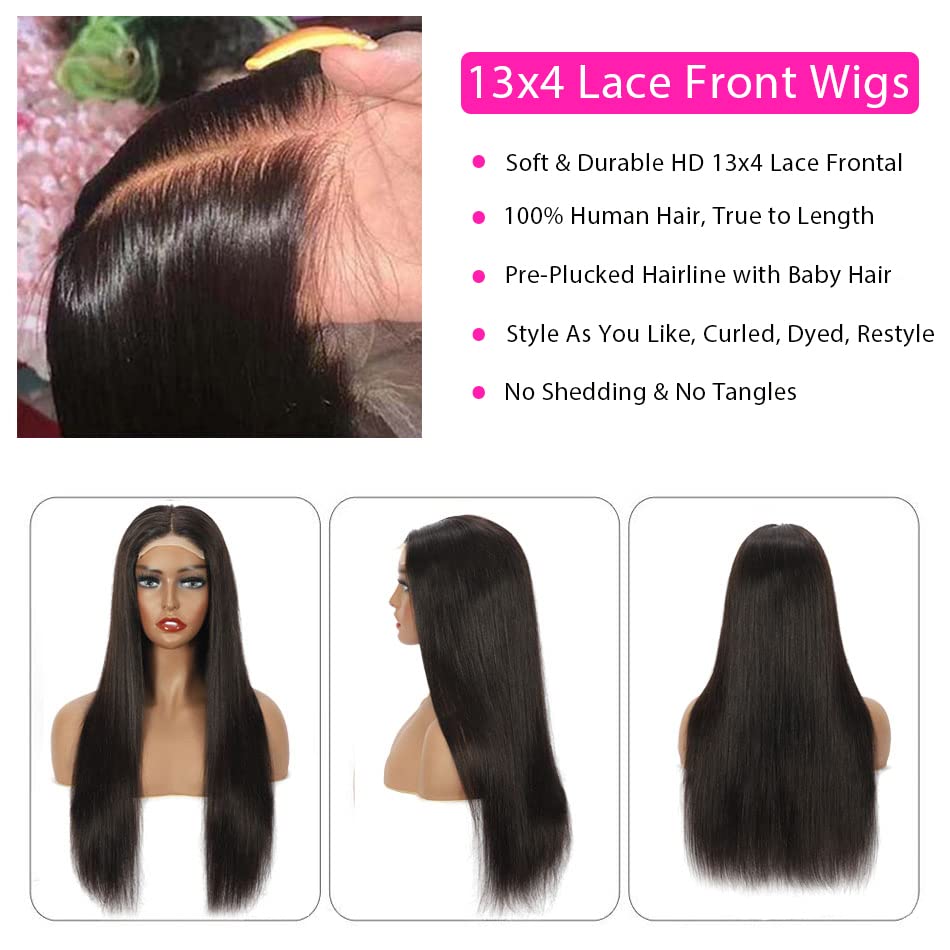 FDX 16 Inch Straight HD Lace Front Wigs Human Hair Pre Plucked 13x4 Lace Front Wigs Human Hair 180 Density Transparent Frontal Wigs Human Hair Lace Brazilian Human Hair Wigs for Black Women Glueless