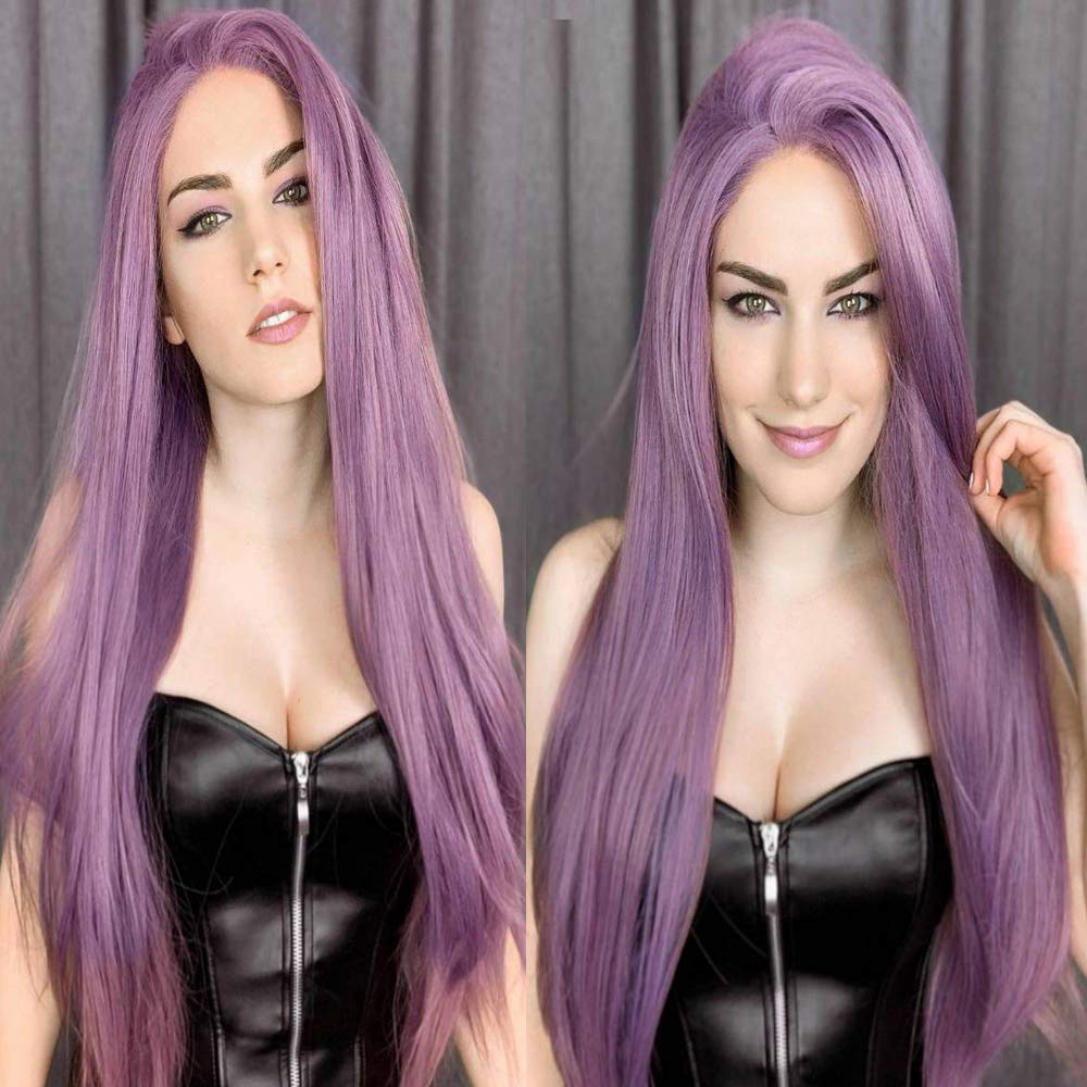 Purple Wigs Long Straight Synthetic Lace Front Wigs for Women Handmade Realistic Looking Wig Ash Lavender Side Part Glueless Wig Heat Friendly Hair Replacement Wigs Cosplay Costume Daily Wigs 24 Inch