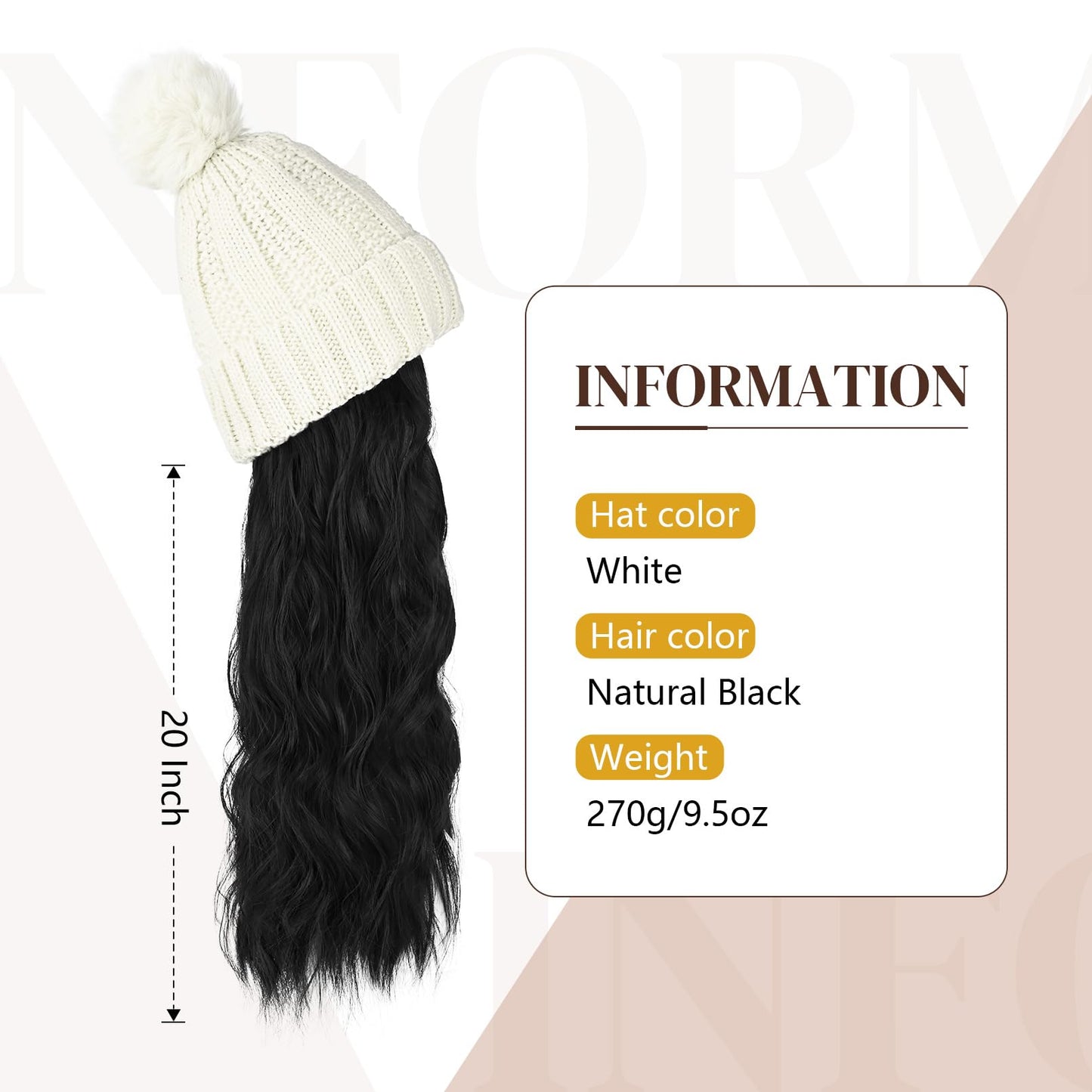 Flufymooz Beanie Wig, Hat Hair Extension Long Wavy Curly Black Hat Wig with Faux Fur Pom Hat, wig hat Attached 20 Inch Synthetic Hairpiece for Women Girls Winter (Natural Black)