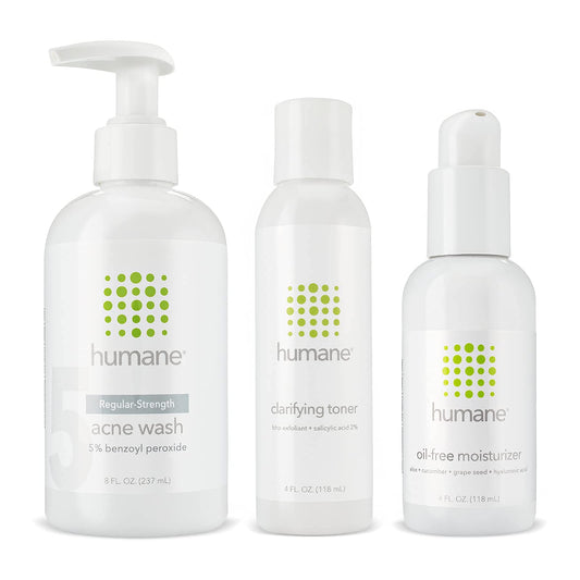 humane Regular-Strength Acne Wash, Clarifying Toner and Oil-Free Moisturizer Bundle - 5% Benzoyl Peroxide Acne Treatment