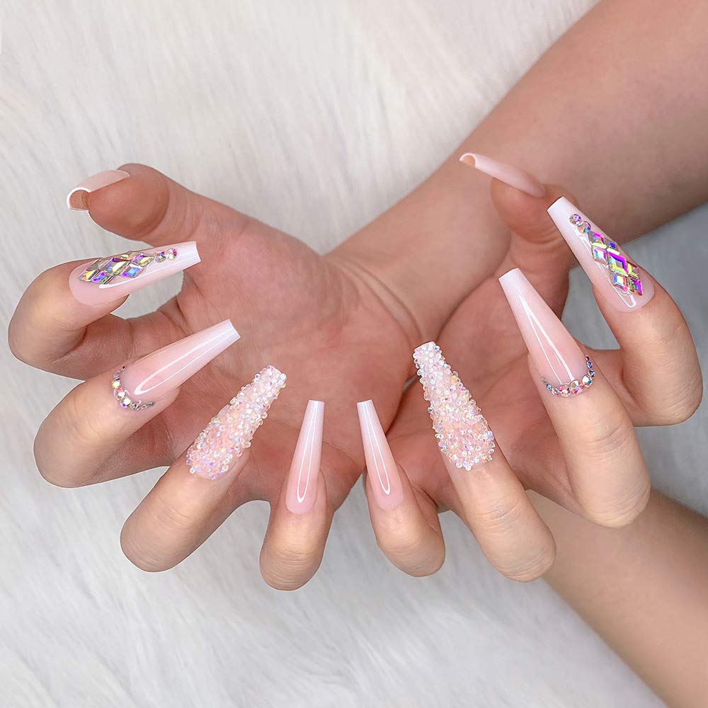 Artquee 24pcs French Nude White Ballerina Flash Diamond Crystal Long Glossy Coffin Flash Fake Nails Press on Nail False Tips Manicure for Women