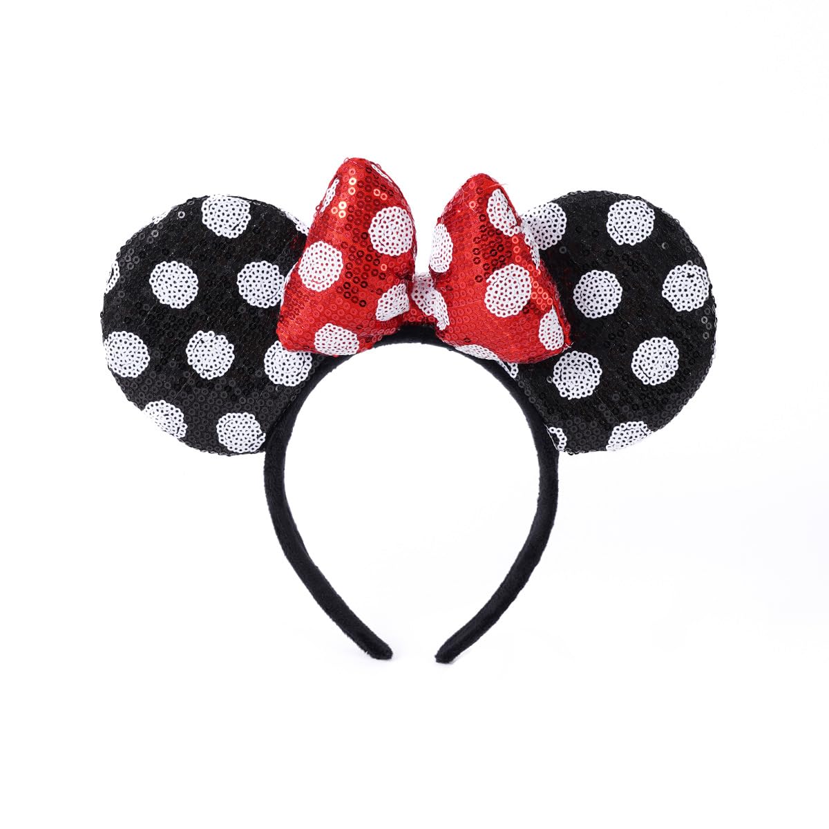 YOVECATHOU Mouse Deluxe Ear Bow Headbands Sequins Hairbands Women Hair Accessories For Cosplay Costume Party (Black Red White Dot 1)