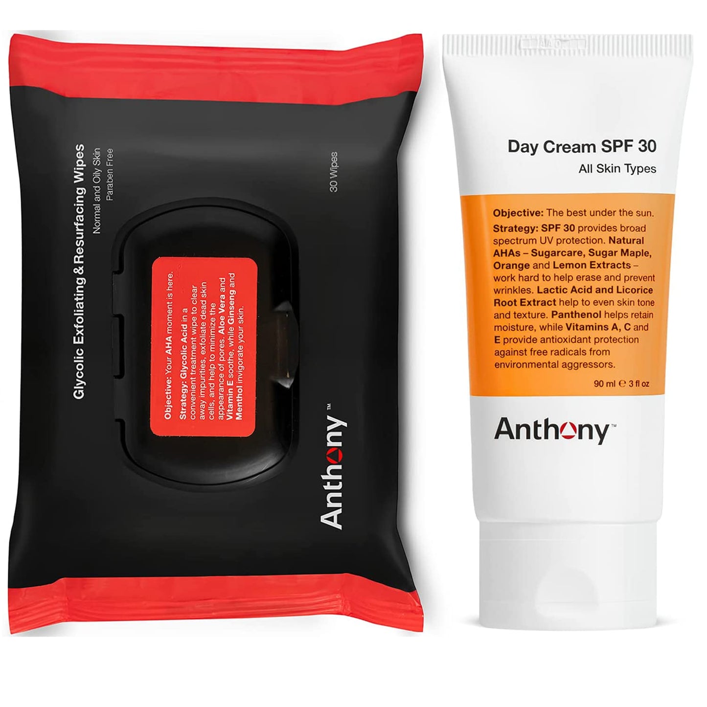 Anthony Day Cream SPF 30 Men’s Face Moisturizer with Sunscreen 3 Fl Oz and Anthony Glycolic Exfoliating & Resurfacing Wipes 30 Sheets per Bag