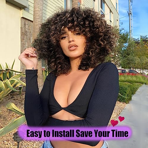 maxknow Curly Wigs for Black Women Fluffy Curly Afro Wig for Women Soft Synthetic Curly Ombre Brown Wig with Bangs Full Wigs for Women Daily Use (T1430 Ombre Brown)