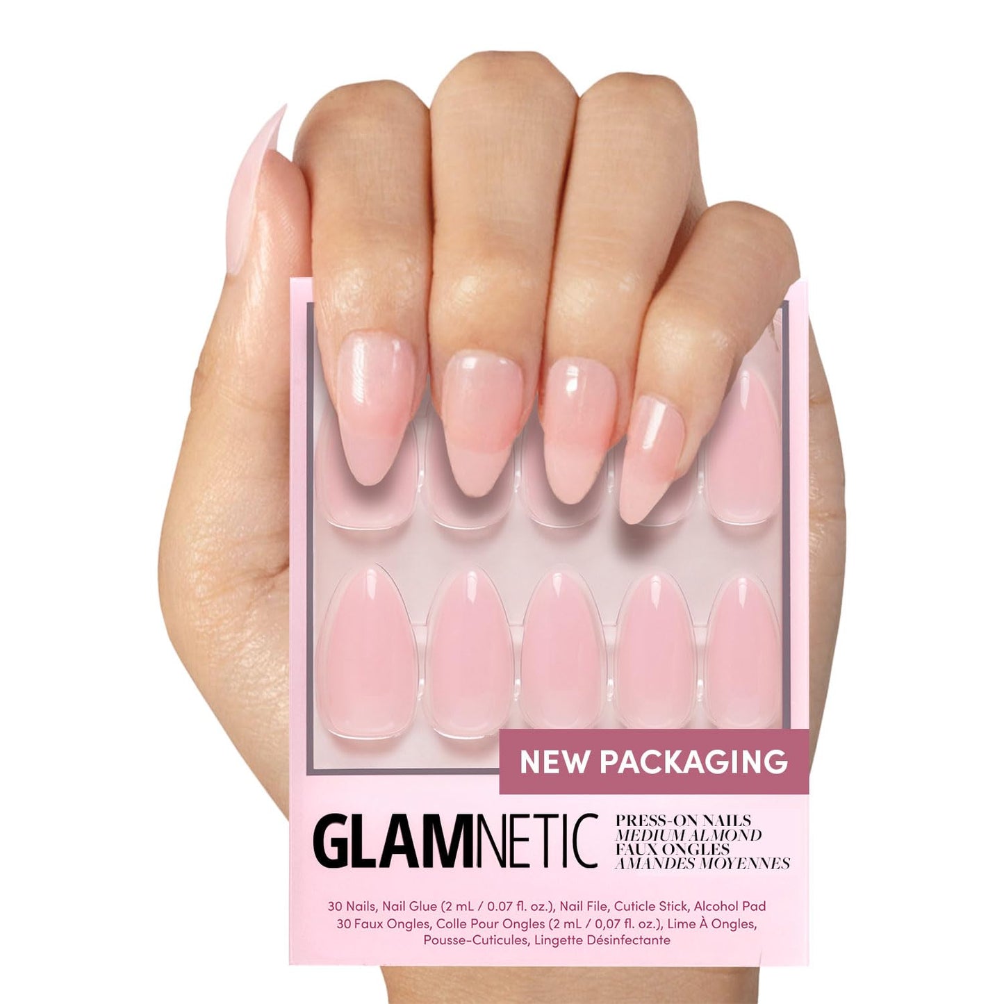 Glamnetic Press On Nails - Cloud 9 | Jelly UV Finish Medium Pointed Almond Shape, Reusable Pink Nail Kit in 15 Sizes, Semi-Transparent - 30 Nail Kit with Glue