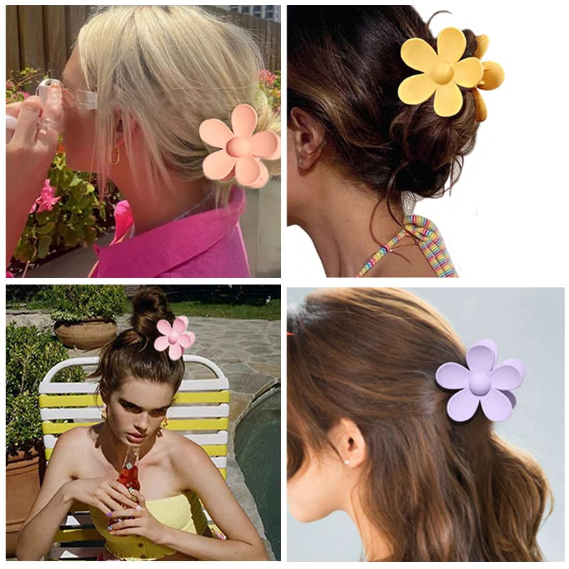 Cute Matte Flower Claw Hair Clips, 4Pcs Large 3 Inch Non-Slip Barrettes for Women and Girls with Thick or Thin Hair (Style B)