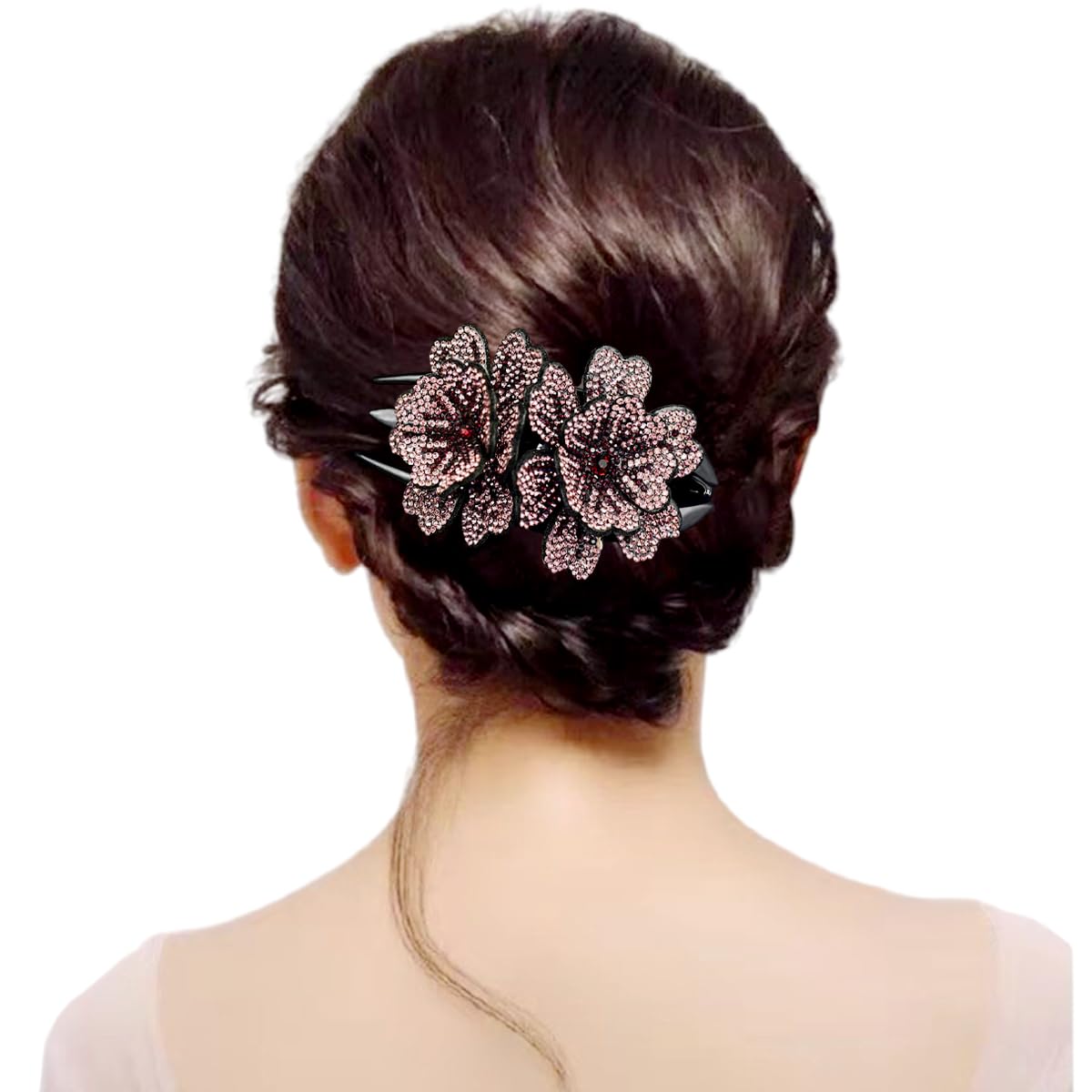 4 Pack of Fancy Crystal Rhinestone Double Flower Duckbill Clip Luxury Blingbling Gems Hair Clips for Women Thick Hair Decorative Non Slip Hair Clips Bun Hair Accessories Elegant Barrettes