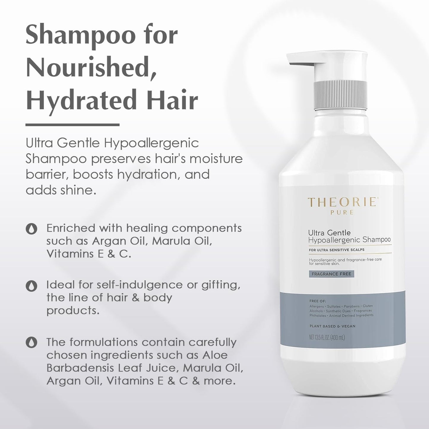 Theorie Pure Ultra Gentle Hypoallergenic Shampoo - Conditions & Soothes Itchy & Allergy Prone Skin - Fragrance-Free - Suited for Ultra Sensitive Scalp, Pump Bottle 400mL