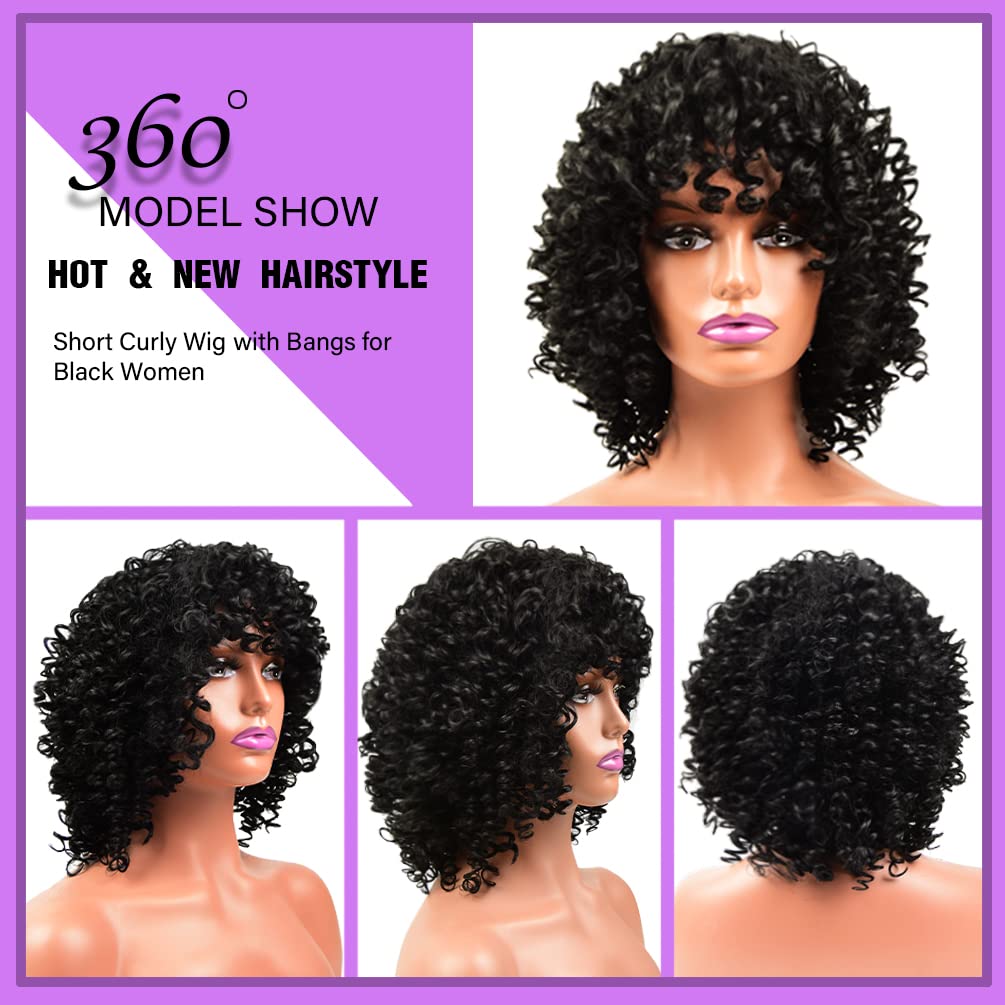 maxknow Curly Wigs for Black Women Fluffy Curly Afro Wig for Women Soft Synthetic Curly Black Wig with Bangs Full Wigs for Women Daily Use (1B Natural Black)