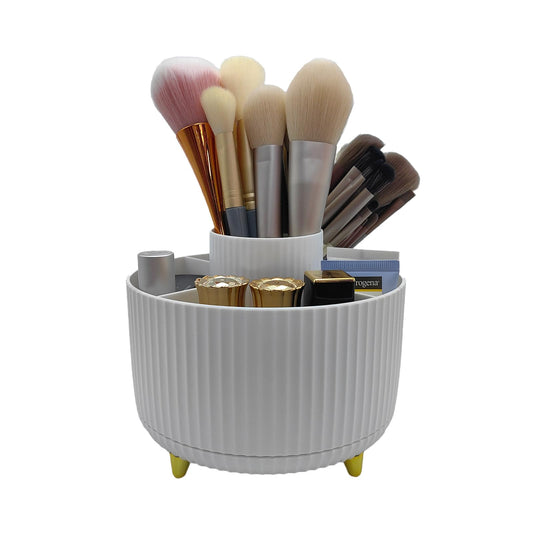 Cendray 360 Rotating Makeup Brush Holder, Makeup Desk Organizer with 5 Slots Cosmetic Brushes Storage,Makeup Organizer for Vanity, Bedroom Decor, Bathroom Organizer (White)