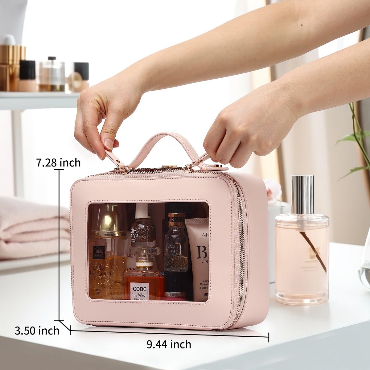 Pinkmik Clear Makeup Bag Travel Case Portable transparent Cosmetic Bag Case Clear Travel Toiletry Makeup Bag for Car with Zipper for Women (C/Pink, L)