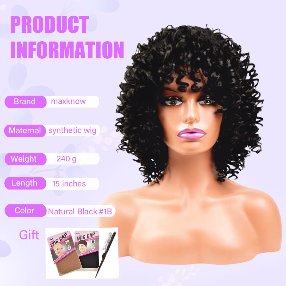 maxknow Curly Wigs for Black Women Fluffy Curly Afro Wig for Women Soft Synthetic Curly Black Wig with Bangs Full Wigs for Women Daily Use (1B Natural Black)