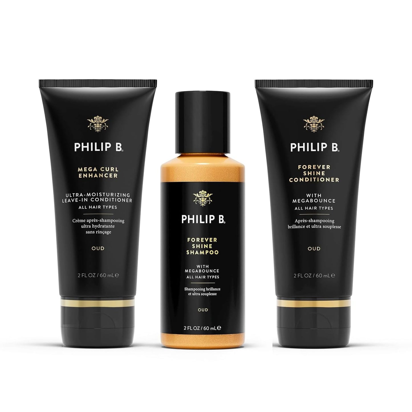 PHILIP B. Forever Shine Shampoo and Conditioner 2 oz Each + Mega Curl Enhancer 2oz - Shampoo and Conditioner Set with Notes of Pure Oud